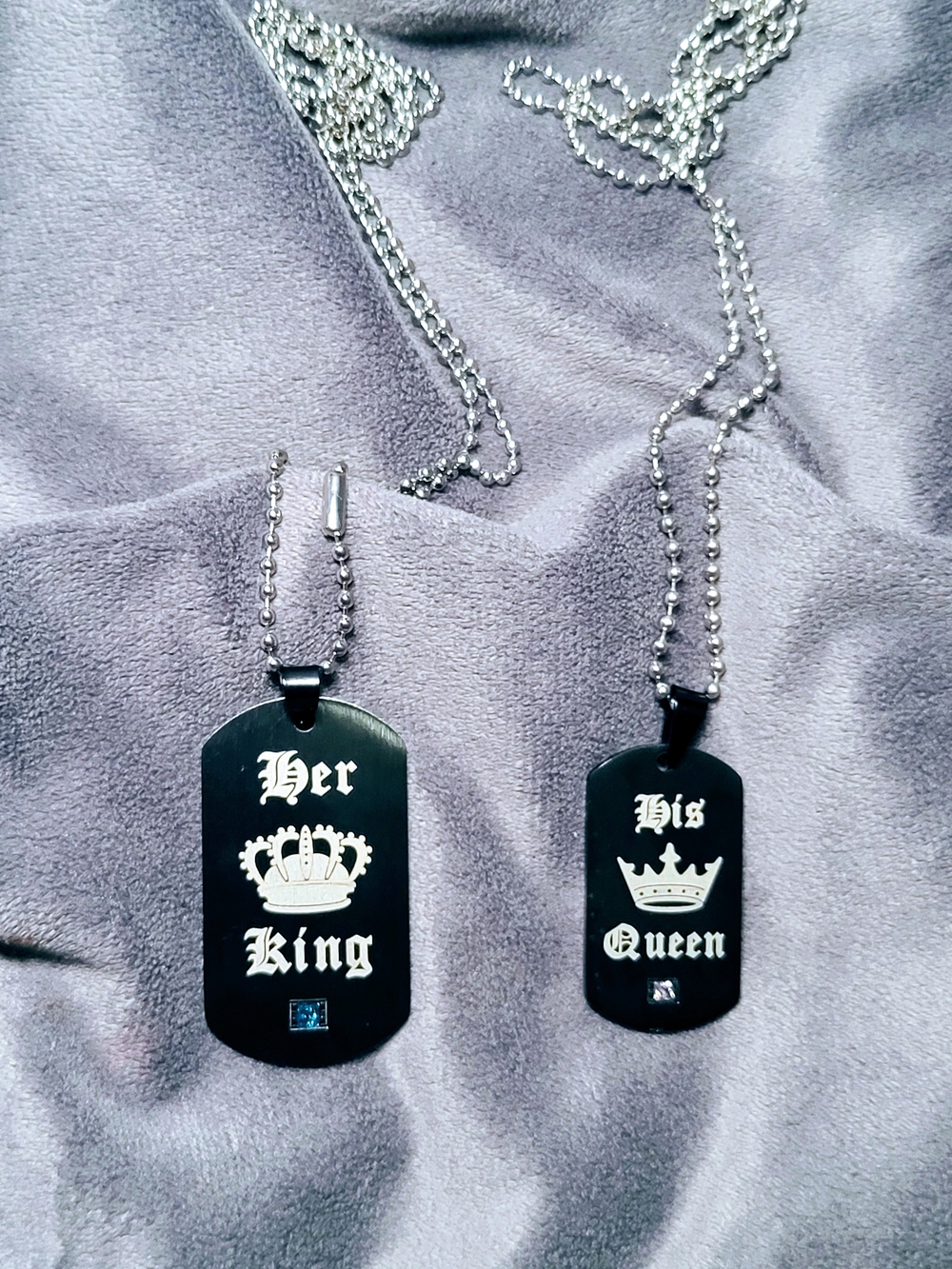 Black 'Her King' and 'His Queen' Stainless Steel Couple Dog Tag Necklaces